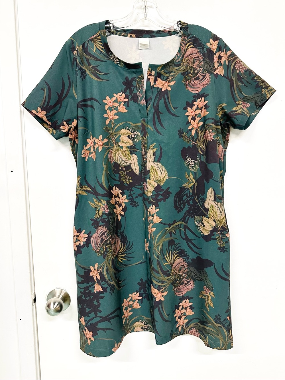 Lole Floral Print Pocket Dress Large Green Short Sleeve Travel Casual